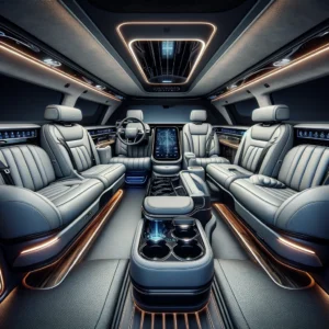 DALL·E 2024 05 30 02.40.31 Interior view of a luxury electric limousine showcasing premium seating spacious layout and advanced amenities. The interior is sleek and modern w Chauffeur Services