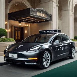 DALL·E 2024 05 30 02.41.29 A Tesla Model Y electric vehicle being used for a limo service parked in front of an upscale hotel. The car is sleek and stylish with a sign indicat Chauffeur Services