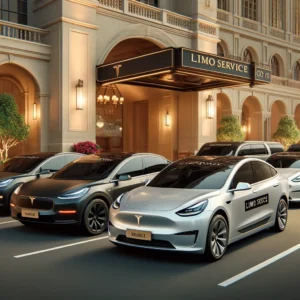 DALL·E 2024 05 30 02.43.04 A fleet of luxury electric vehicles including Tesla Model Y and Cadillac Lyriq parked in front of an upscale hotel. The cars are sleek and stylish w Chauffeur Services