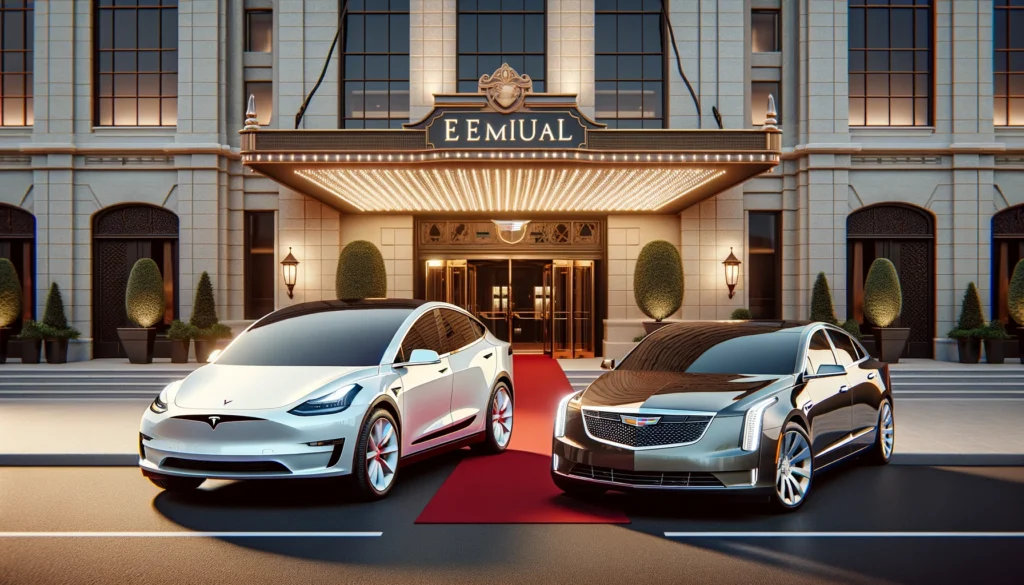DALL·E 2024 05 30 02.46.59 A Tesla Model Y and a Cadillac Lyriq parked in front of an upscale hotel. The setting is elegant and luxurious showcasing a premium limo service. The Chauffeur Services